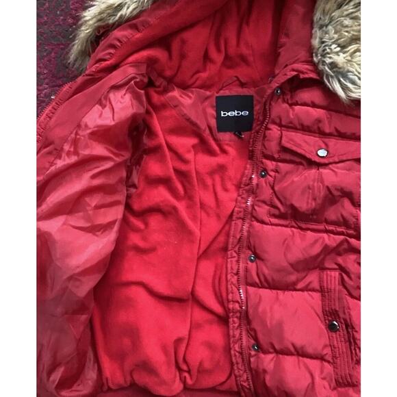 BEBE Red Hooded Puffer Jacket Coat Women L Faux Fur Short Rhinestone - Picture 16 of 16